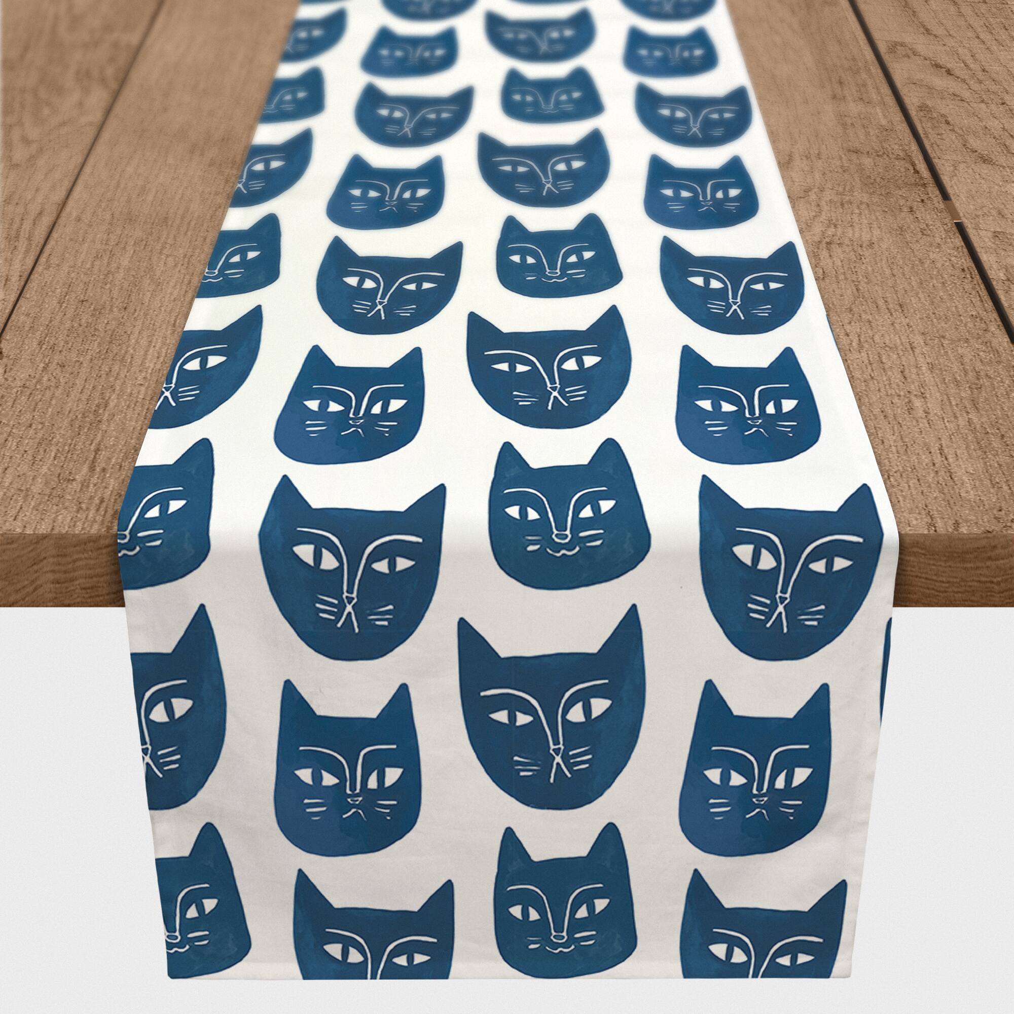 Blue Cat Face Pattern 16" x 72" Cotton Twill Runner